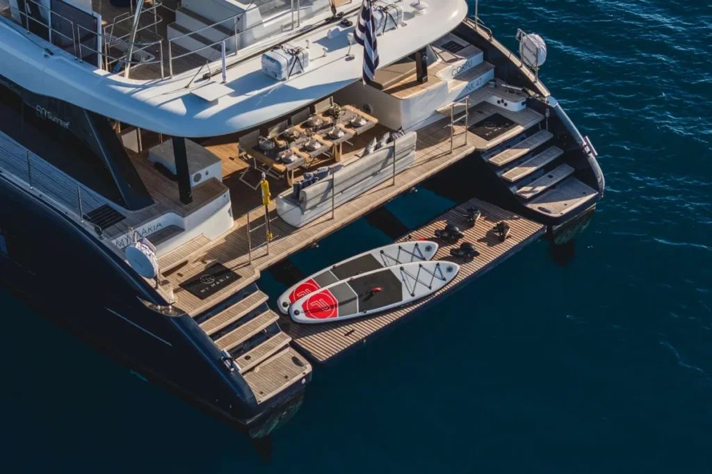 Sunreef 60 MYMARIA – Aerial view of the stern and tender