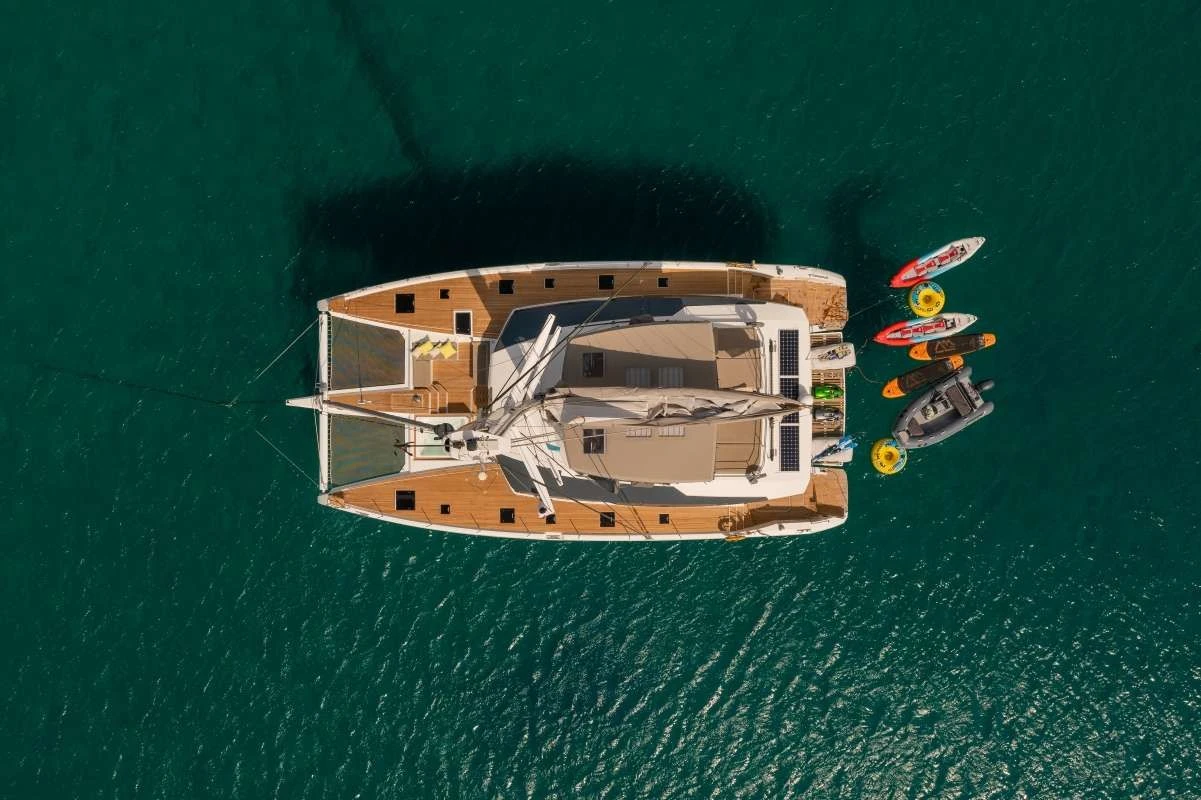 Fountaine Pajot Alegria 67 AETHER – Aerial view with water toys