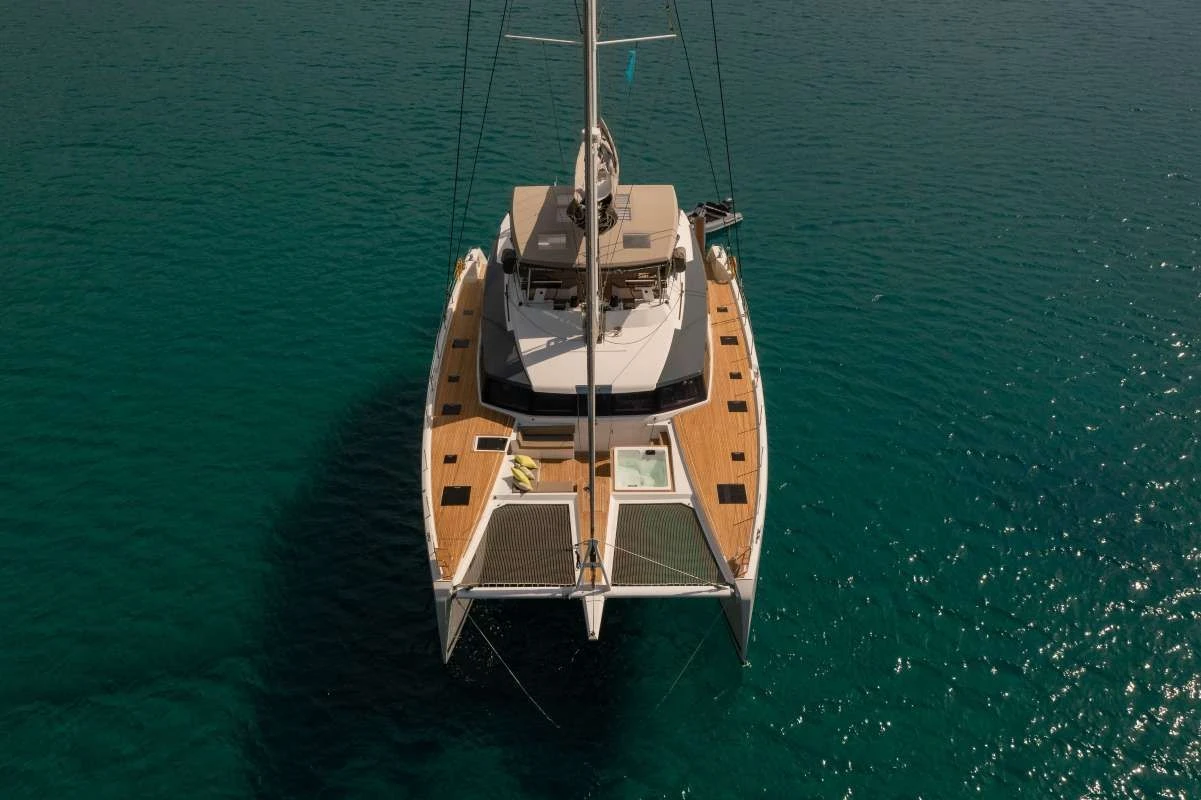 Fountaine Pajot Alegria 67 AETHER – Aerial view at anchor