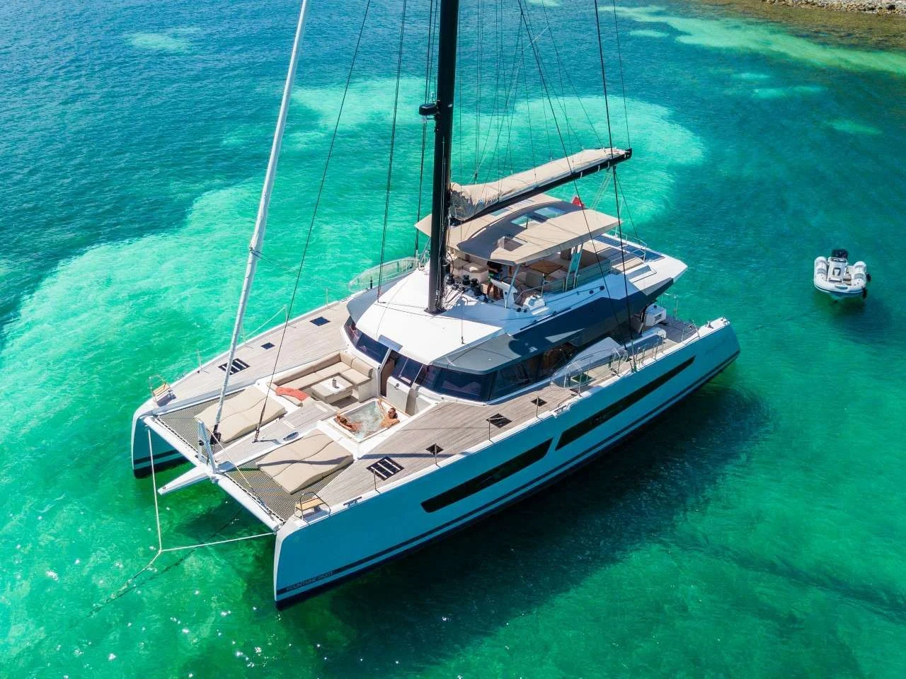 Fountaine Pajot Alegria 67 AZURE – aerial view at anchor