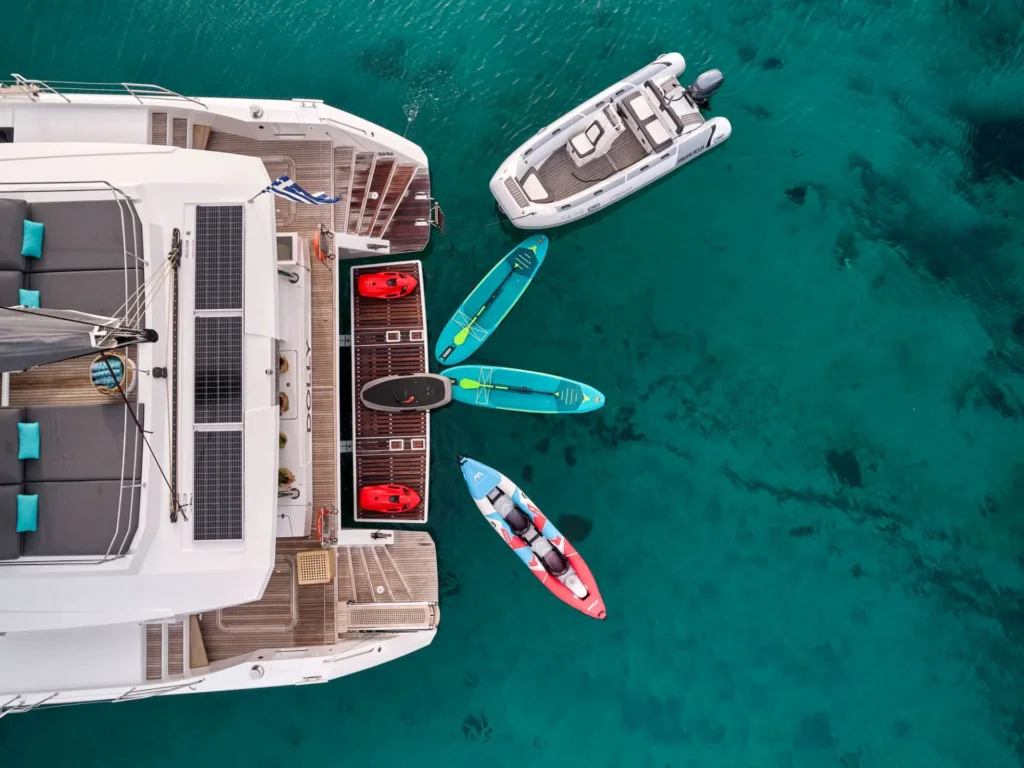 Alegria 67 DOLLY – Aft deck from above with tender and water toys