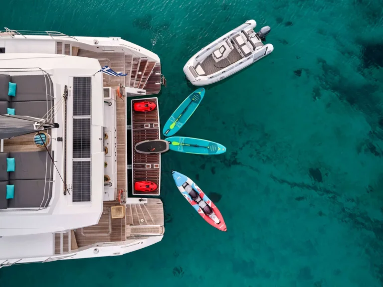 Alegria 67 DOLLY – Aft deck from above with tender and water toys