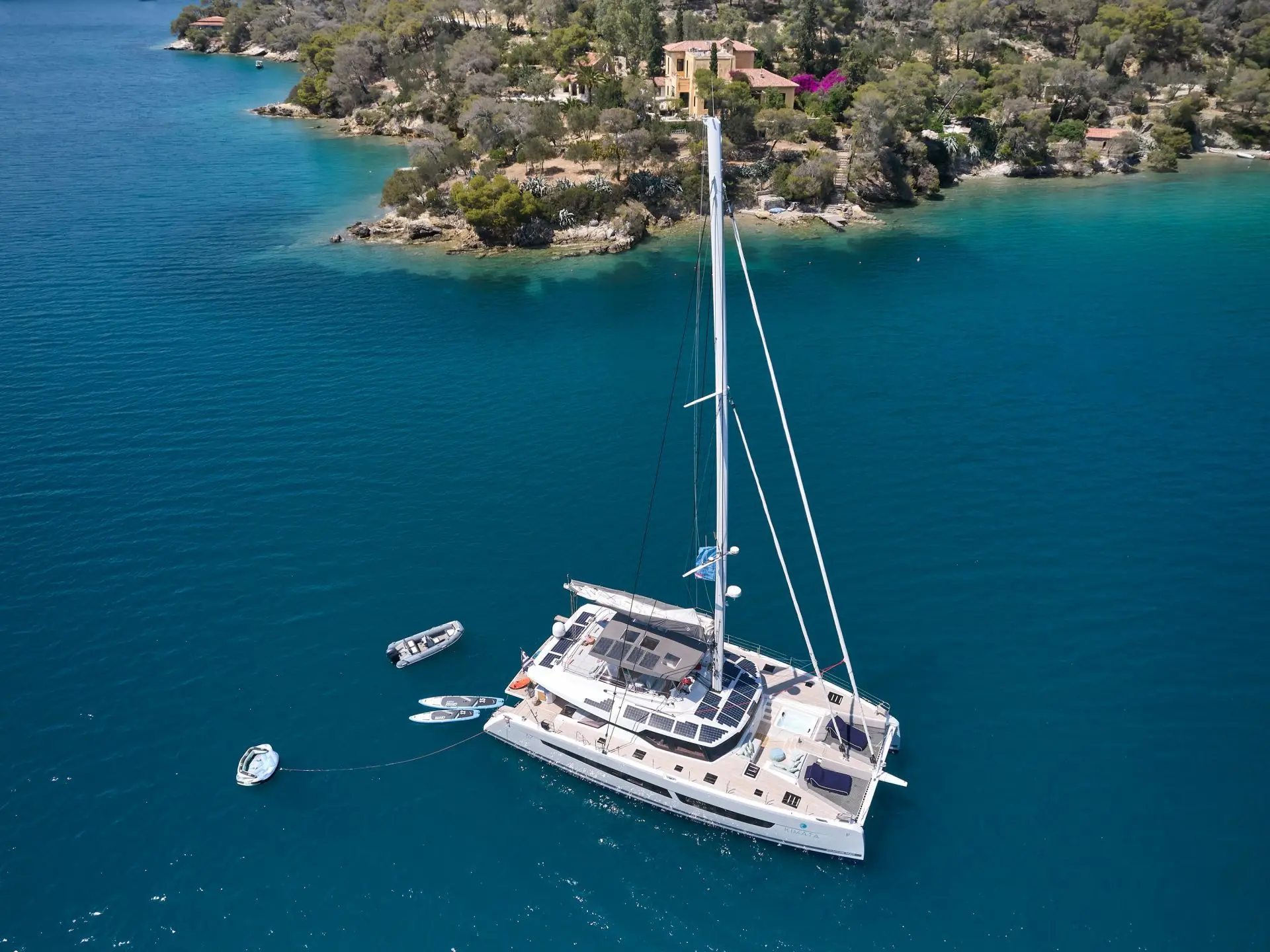 Fountaine Pajot Alegria 67 KIMATA – Aerial view at anchor
