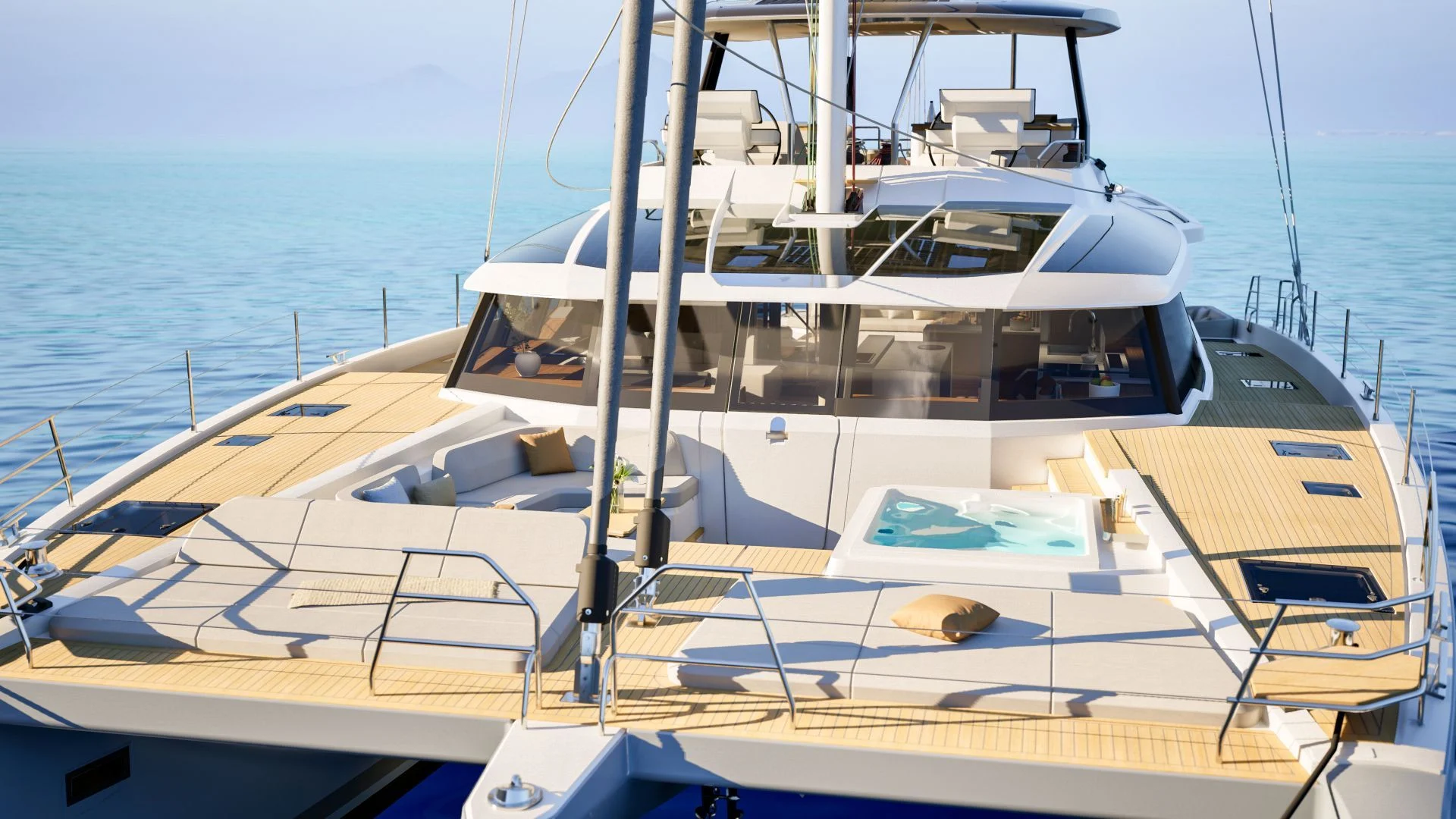 Fountaine Pajot power catamaran ELLY II – Foredeck from above