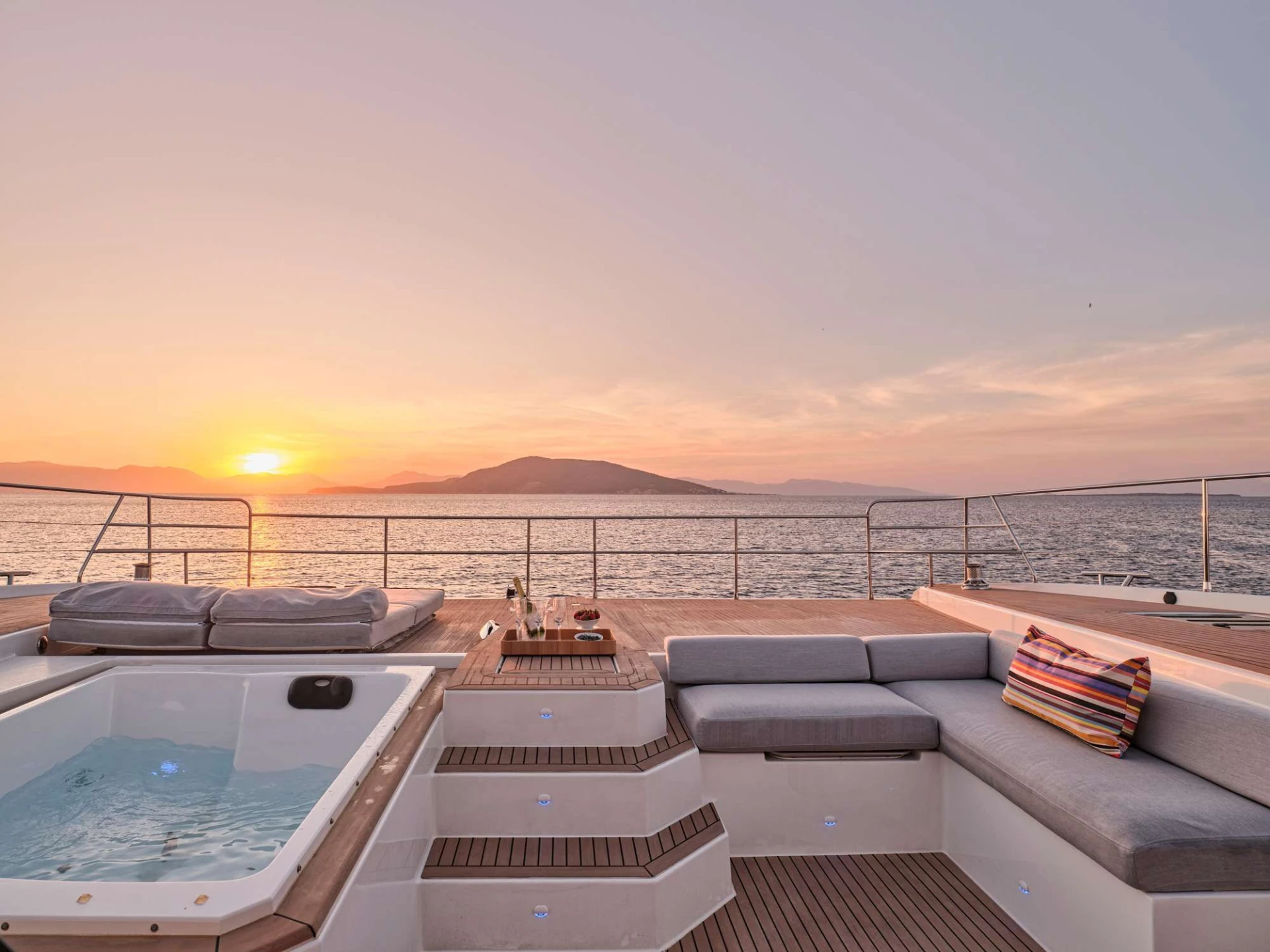 Fountaine Pajot Power 67 ALENA – Foredeck at sunset