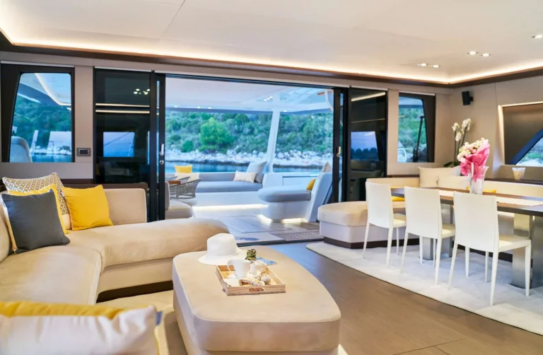 Lagoon 77 ADRIATIC DRAGON – Saloon opening to the aft deck