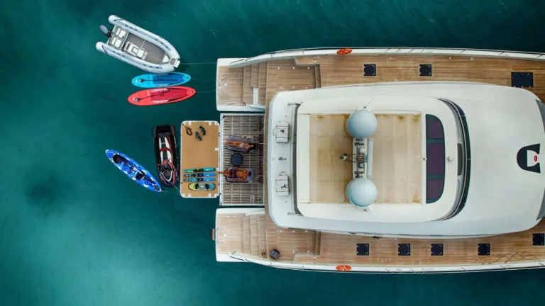 Lagoon Seventy 8 CRAZY HORSE – Aerial view with water toys