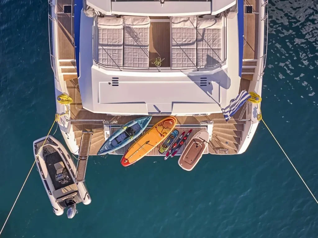 Power 67 MAJESTY OF GREECE – Aerial view of the aft deck with water toys