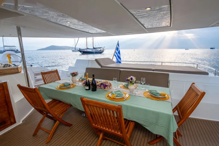 Sanya 57 HIGHJINKS – Aft deck table set for lunch