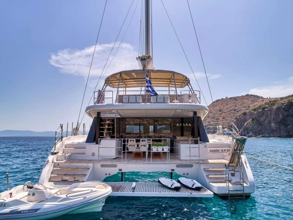 Sunreef 50 ADARA – Stern view at anchor with tender