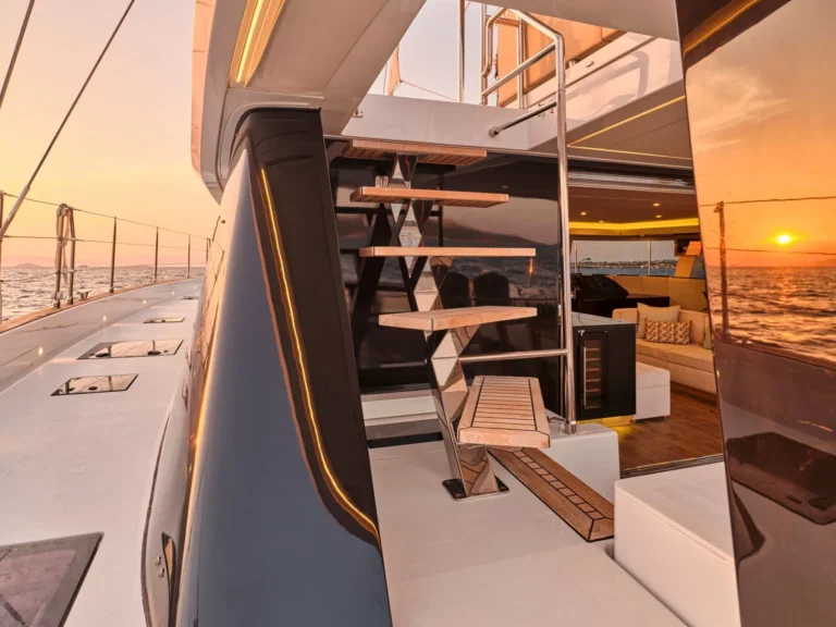 Sunreef 50 ADARA – Side deck at sunset