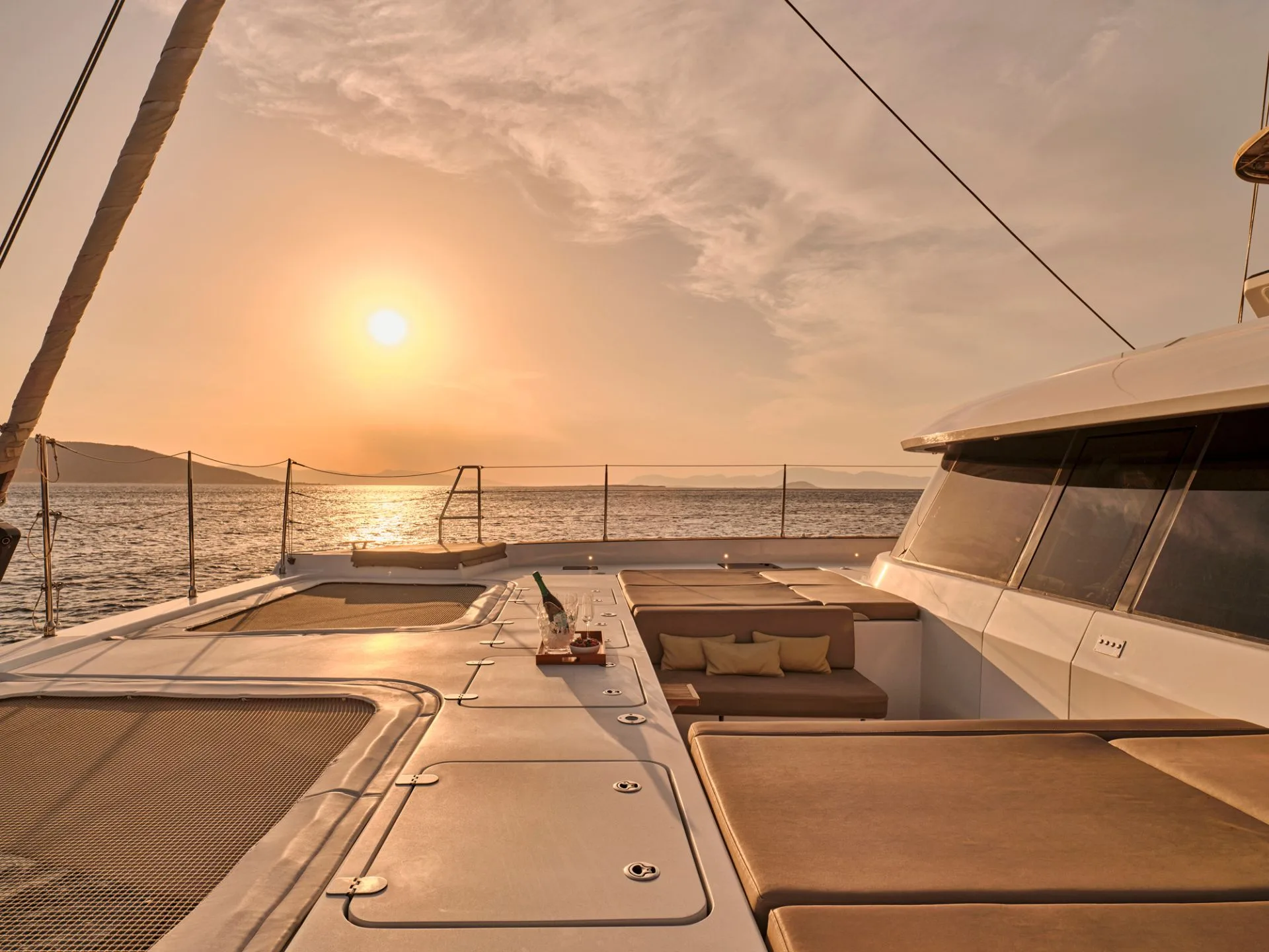 Sunreef 50 ADARA – Foredeck at sunset