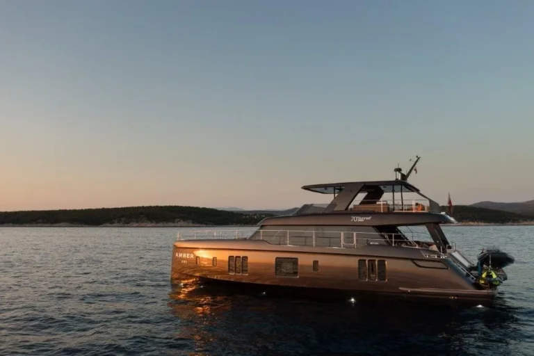 Sunreef 70 Power AMBER ONE – cruising at dusk