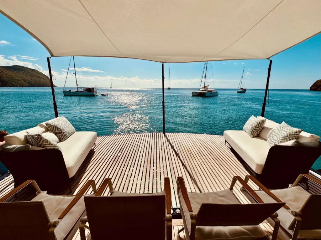 Sunreef 77 ONE PLANET – Shaded aft deck lounge